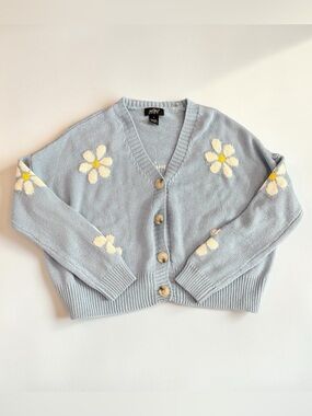 Just Polly Blue Daisy Embroidered Cropped Cardigan Sweater Women's Small